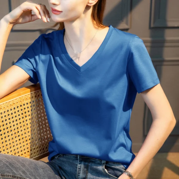 Women's Silk Cotton V-Neck Tee - Image 5