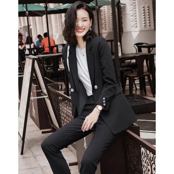 High Quality Notched Lapel Blue Business Woman Suit - Image 5