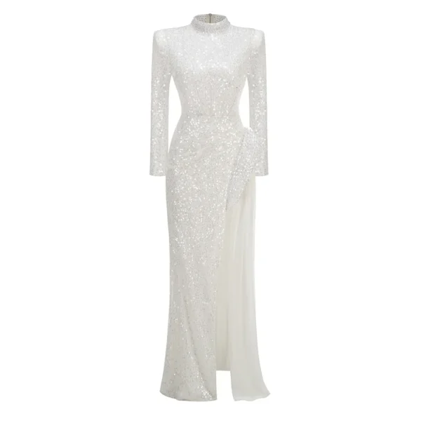 Elegant Sequin Splicing Slit Long White Dress – Winter Glamour Redefined - Image 4