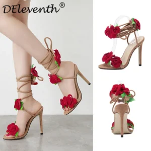 Eleventh Shoes Wholesale Suede Rose Flower Heels Cross Strap