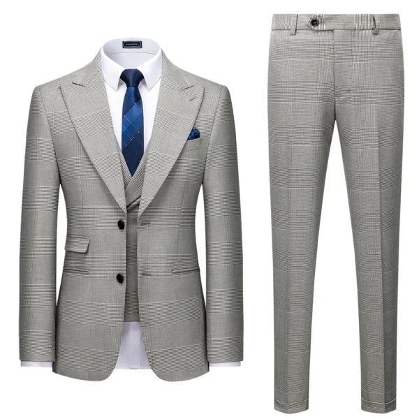 Men's Gray Checkered 3-Piece Business Suit - Image 6