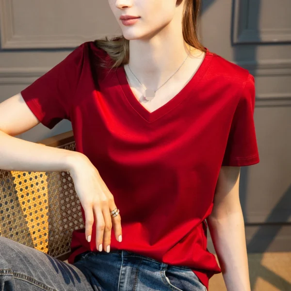 Women's Silk Cotton V-Neck Tee - Image 4