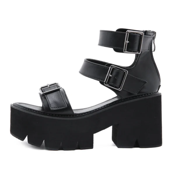 BUSY GIRL  Black Women Platform Heeled Sandals Chunky Heels - Image 4
