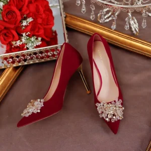 red satin wedding heels