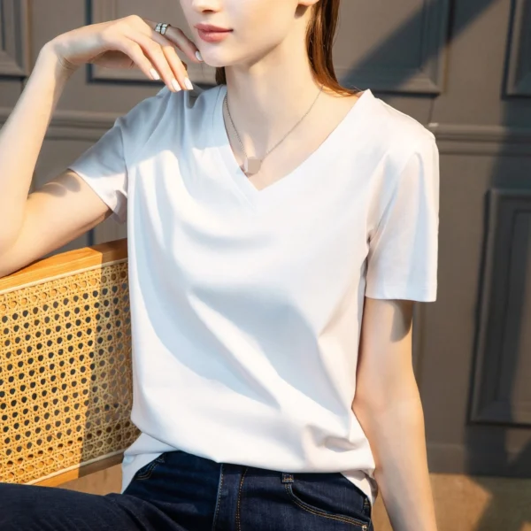Women's Silk Cotton V-Neck Tee - Image 6