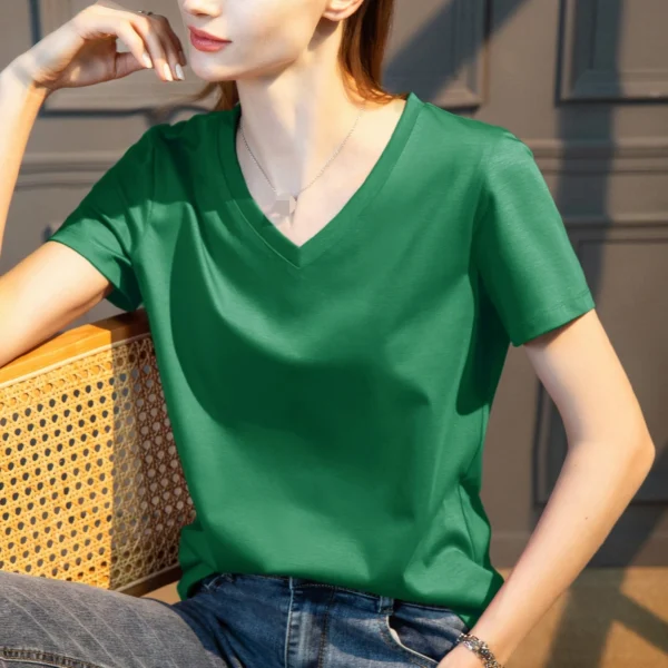 Women's Silk Cotton V-Neck Tee - Image 3
