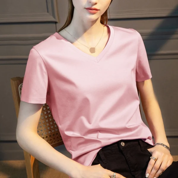Women's Silk Cotton V-Neck Tee - Image 2